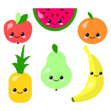 Beyaz arka planda gözlerden uzak altı düz meyve seti. Karpuz, portakal, elma, armut, muz, ananas