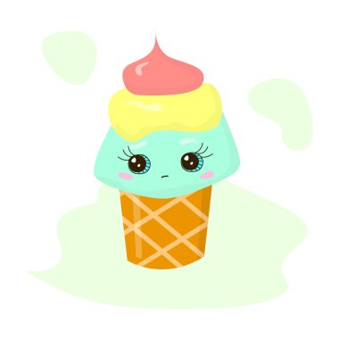 Tatlı, komik, waffle bardağında renkli dondurma. Kawai illüstrasyonu.