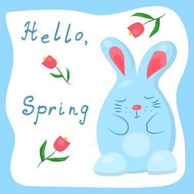 Tebrik kartı: harf, mavi tavşan ve laleler.