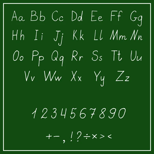 Handskrivna Engelska Latin Alfabetet Siffror Och Skiljetecken Skrivna Krita Grön — Stock vektor