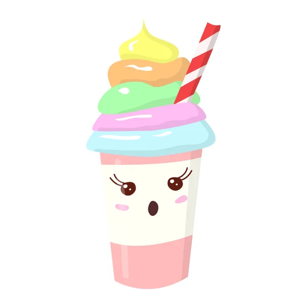 Mignon Verre Drôle Avec Milkshake Une Paille Boisson Kawai Aux — Image vectorielle