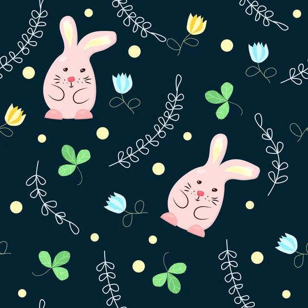 Бесшовный Векторный Рисунок Розовые Кролики Травы Тюльпаны Весенние Цветы Изолированы — стоковый вектор