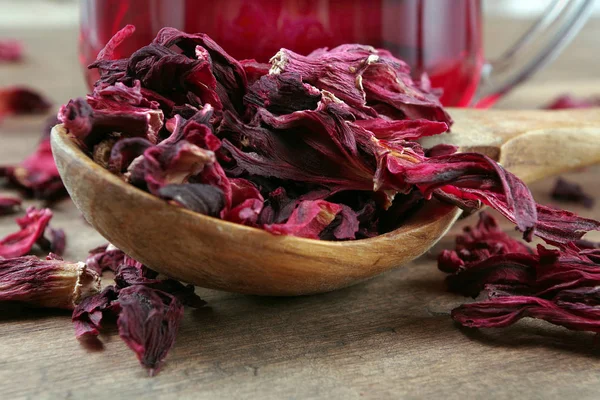 Hibiscus Torra Hibiskusblad Träsked Nära Håll Kopp Hibiskuste — Stockfoto