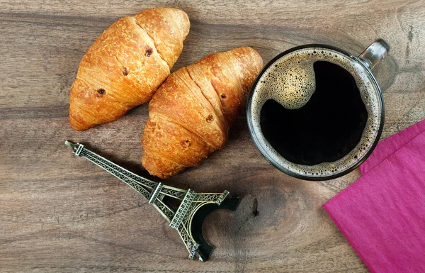 Croissant Paris Croissants Eiffel Tower Souvenir Croissants Cup Coffee Wooden — Stock Photo, Image