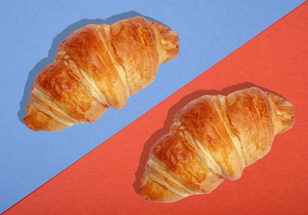 Two Croissants Top View Croissants Bright Colorful Background Fresh Ruddy — ストック写真