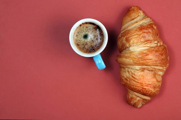 Croissant Cup Coffee Croissant Coffee Bright Colorful Background Top View — ストック写真