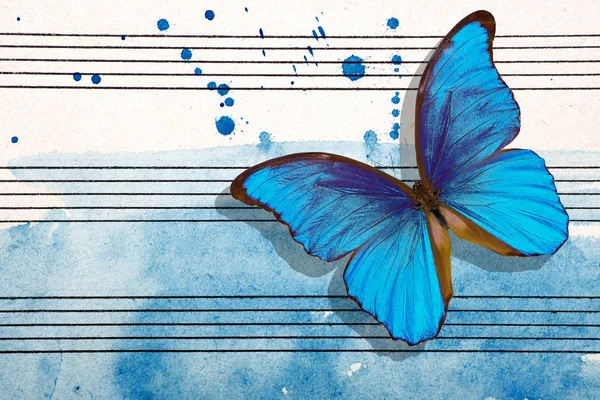 Morpho blue butterfly and notes. Butterfly melody. Photo of old music sheet in blue watercolor paint. Blues music concept. Abstract blue watercolor background. copy spaces