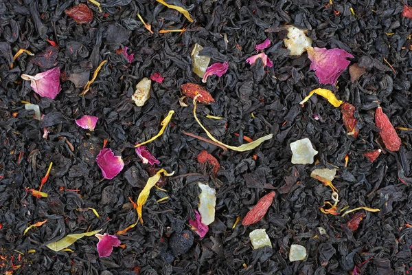 Svart Blandat Med Blomblad Och Skivor Torkad Frukt Konsistens Bakgrund — Stockfoto