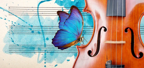 Kelebek, keman ve notlar. Mavi morpho kelebeği ve keman. Melodi konsepti. Mavi suluboya resimli eski bir müzik sayfası. Klasik müzik konsepti. Keman yakın çekim. Boşlukları kopyala