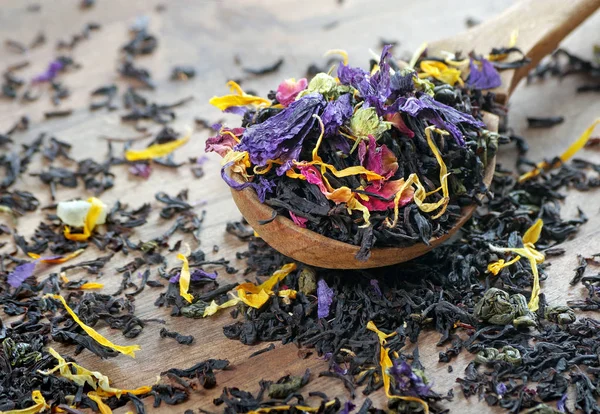 Mezclado Negro Con Pétalos Flores Secas Frutas Hojas Secas Negro — Foto de Stock