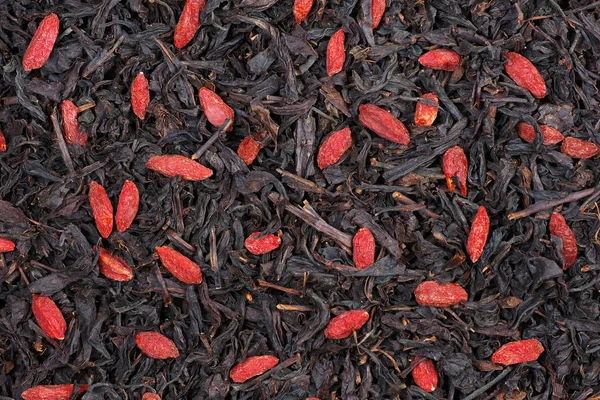 Siyah Çay Yaprakları Kurt Üzümü Dokuları Siyah Karıştırılmış Çay Çayı — Stok fotoğraf