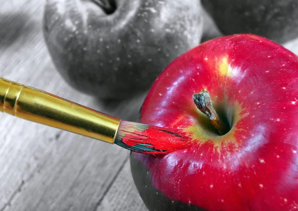 coloring this world. artist brush paints an apple. color and shape. red apple close-up.