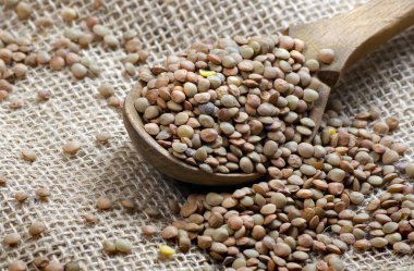 Tahta kaşıkta mercimek, yakın plan.