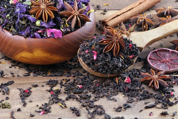 Mezclado Con Especias Cítricos Secos Negro Con Pétalos Flores Secas — Foto de Stock