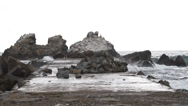 Salpicaduras de mar contra rocas y muelle — Vídeo de stock