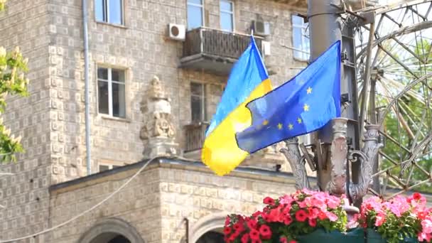 Vlajky Evropské unie a Ukrajiny — Stock video