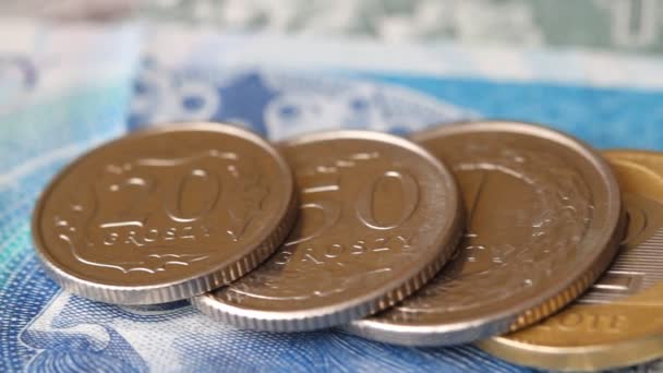 Monedas Zloty Polaco Sobre Fondo Billetes — Vídeos de Stock