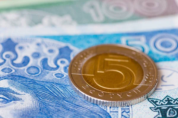 Fem zloty mynt på bakgrunden av sedlar — Stockfoto