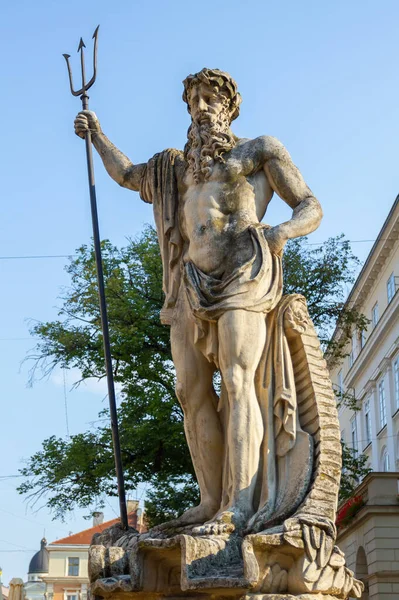 Lviv Ukraine Juli 2017 Neptun Skulptur Auf Dem Marktplatz Lviv — Stockfoto