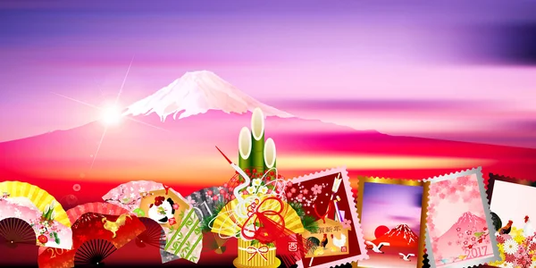 Fondo de la tarjeta de Año Nuevo Rooster Fuji — Vector de stock