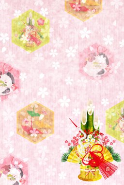 Horoz tavuk kiraz ağacı yılbaşı kartı