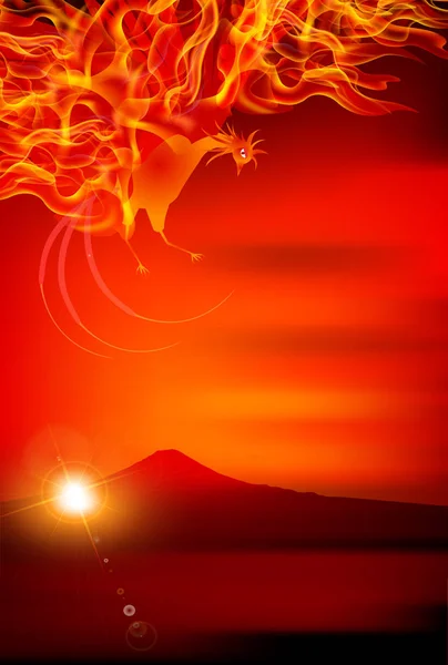Huhn Feuer Vogel Neujahrskarte Hintergrund — Stockvektor