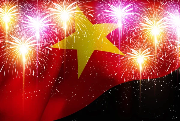 Vietnam fuegos artificiales bandera nacional fondo — Vector de stock