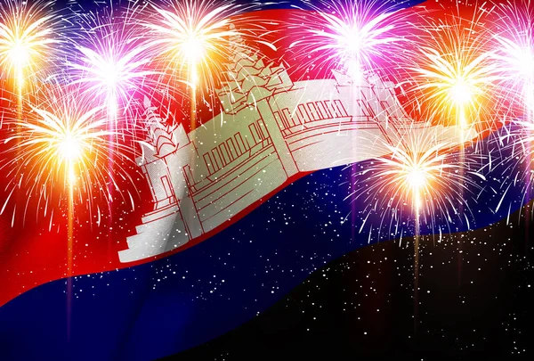 Focuri de artificii Cambodgia fundal steag național — Vector de stoc