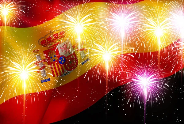Espanha bandeira nacional fundo fogos de artifício —  Vetores de Stock