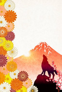 Yeni yıl kartları Mt. Fuji arka plan köpek