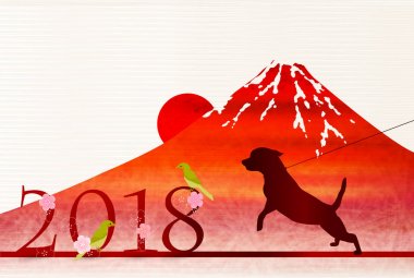 Yeni yıl kartları Mt. Fuji arka plan köpek