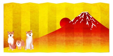 Yeni yıl kartları Mt. Fuji arka plan köpek