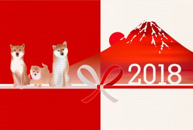 Yeni yıl kartları Mt. Fuji arka plan köpek