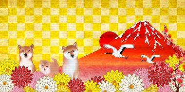 Yeni yıl kartları Mt. Fuji arka plan köpek