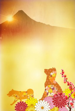 Yeni yıl kartları Mt. Fuji arka plan köpek