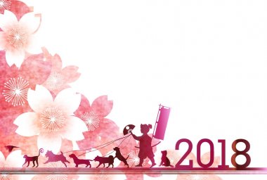 Köpek yeni yıl kartı arka plan kiraz çiçekleri