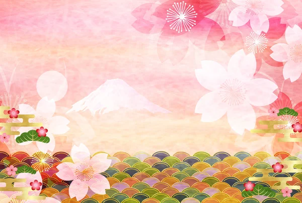 Fondo de flor de cerezo de la tarjeta de Año Nuevo Fuji — Vector de stock