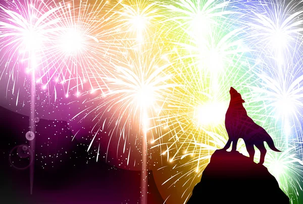 新年のカード花火背景の犬 — ストックベクタ