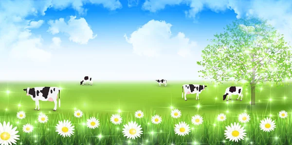 奶牛牧场风景背景 — 图库矢量图片
