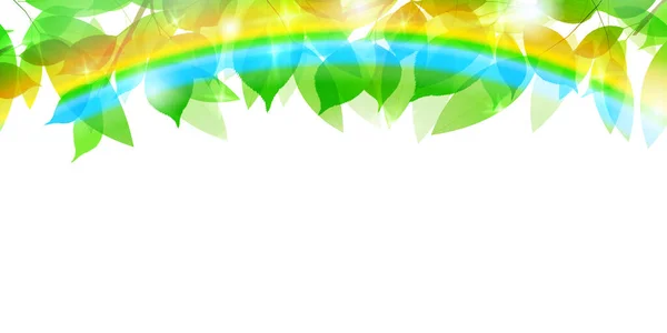 Hojas Verdes Frescas Arco Iris Cielo Fondo — Vector de stock