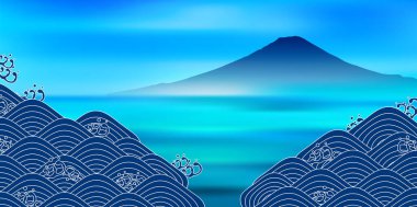 Japonya Dağı. Fuji Dalgaları Okyanus Arkaplanı
