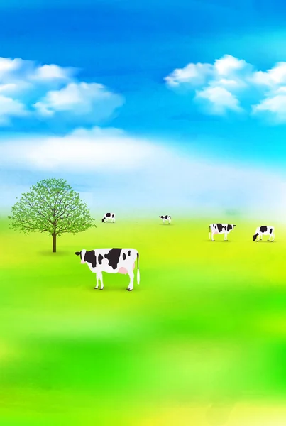 牛肉农场天空水彩画背景 — 图库矢量图片
