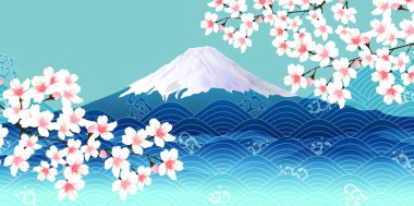 Fuji Dağı, kiraz çiçeği arka planı.