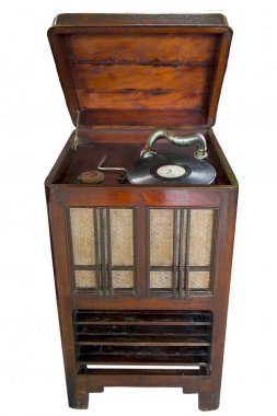 Vintage Vinil plak çalar: kırpma yolunu izole beyaz zemin üzerine ahşap kabin içinde eski retro vinil plak çalar ayarla.
