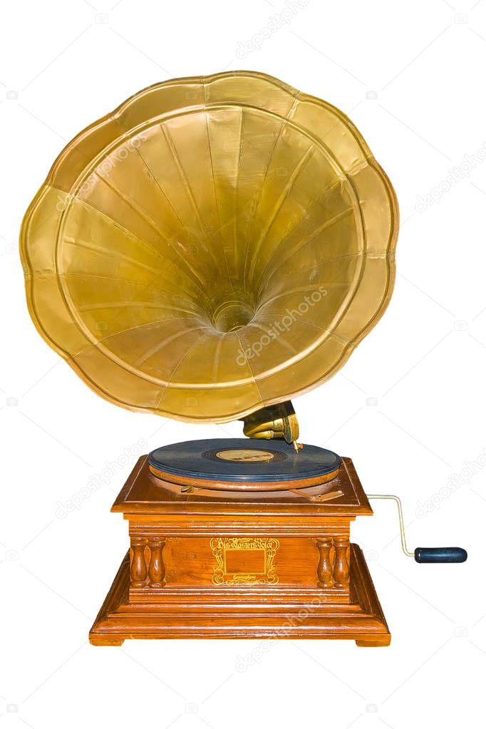 Vintage Gramophone : old retro gramophone isolated white background with clipping path.