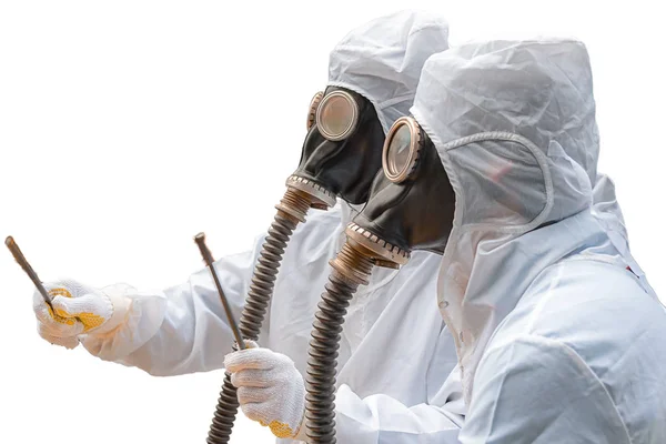 Zwei Männer Bio Gefahrenanzügen Und Gasmasken Zwei Männer Bio Gefahrenanzügen — Stockvektor