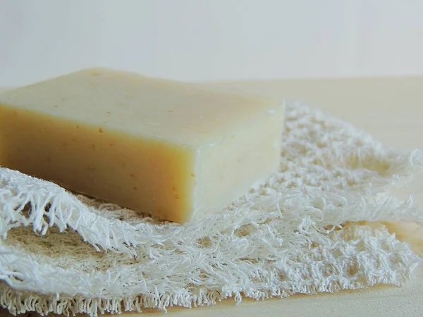 Handmade Spa Bath Soap White Handmade Linen Waffle Texture Wash — Stock Photo, Image
