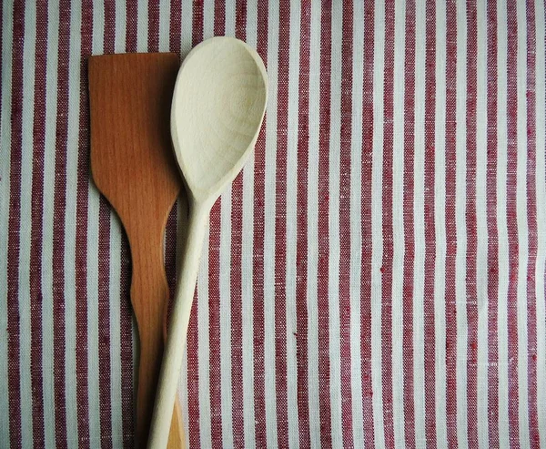 Wooden Handmade Spoon Food Photo Props Natural Striped Red White — Stock Photo, Image