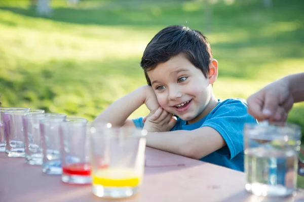 Young Cute Boy Looking Colored Water — Stock Photo, Image
