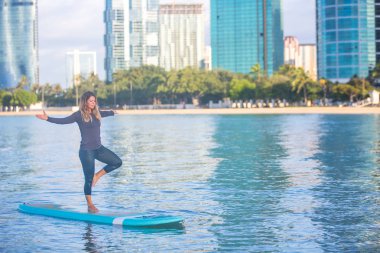 Sunrise SUP Yoga practice  in Waikiki tree pose clipart